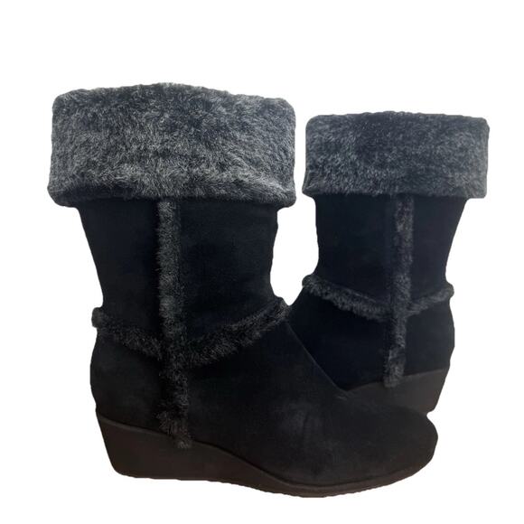 Easy Spirit Black Suede Leather Boots Size 8.5 Faux Fur Wedge Heel Winter New - Picture 1 of 8